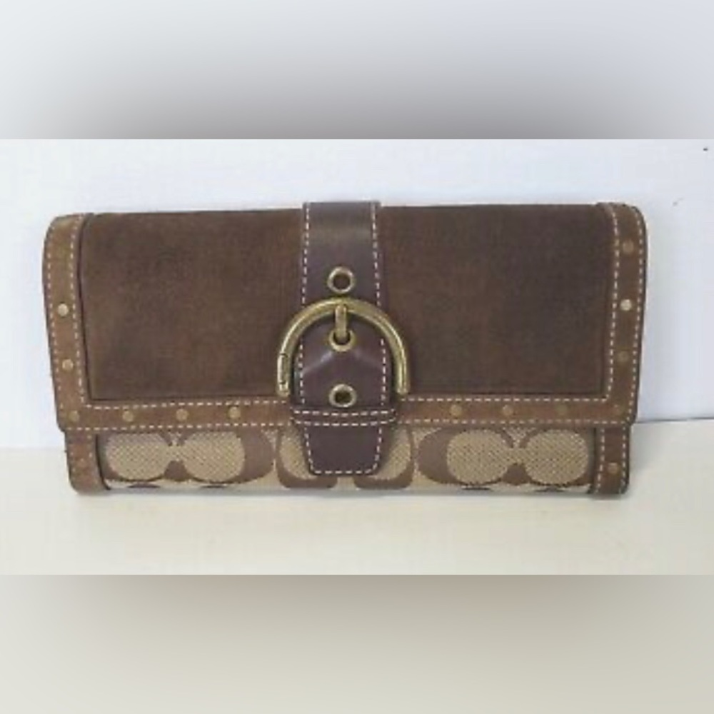 Coach Wallet Envelope Khaki Brown Signature 8x4 Large Buckle Western Studded